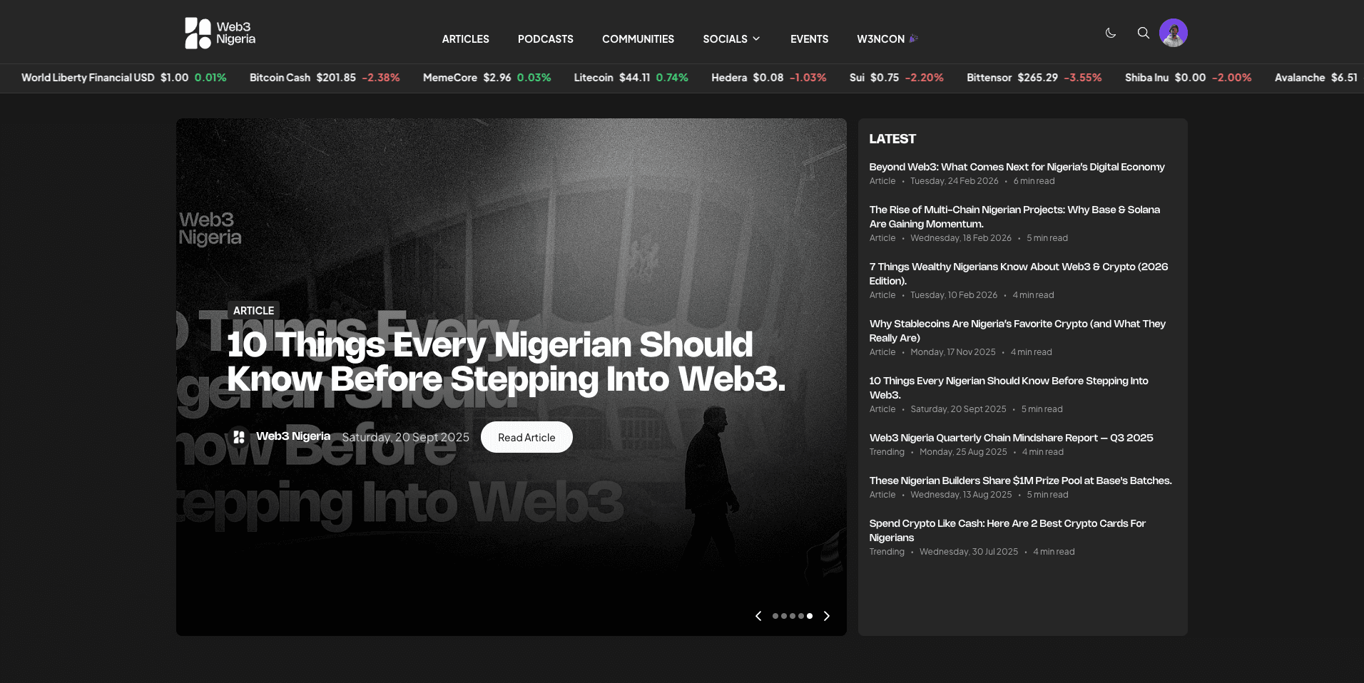 Web3 Nigeria Blog: News and media site with articles, podcasts, and live crypto prices